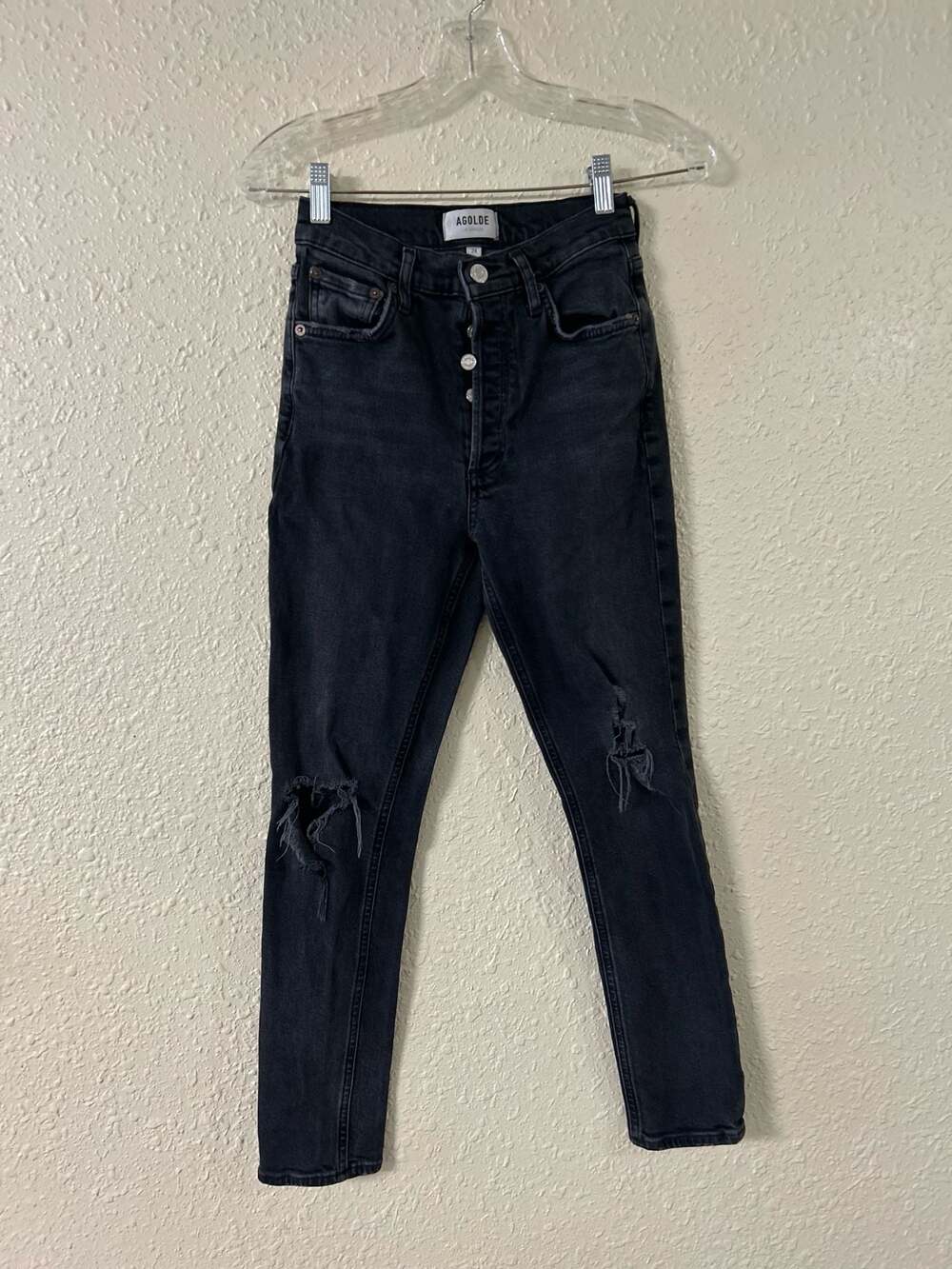 AGOLDE Black High Rise Button Fly Distressed Skinny Jeans Size 24